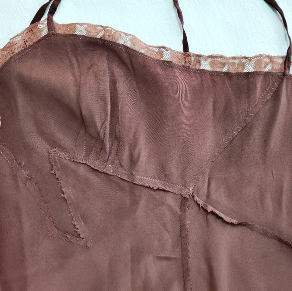 Vintage 1930-40s Art Deco Brown Bias Cut Silk/Lace Slip Dress - Picture 9 of 12